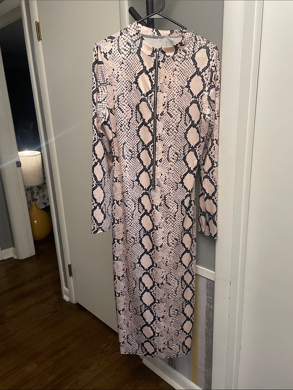Pink Snake-Print Midi Dress with Zip Front